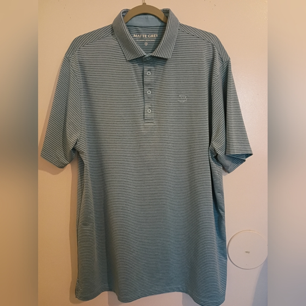 Matte Grey Men's Polo Shirt - Light Blue Stripes Sz XL